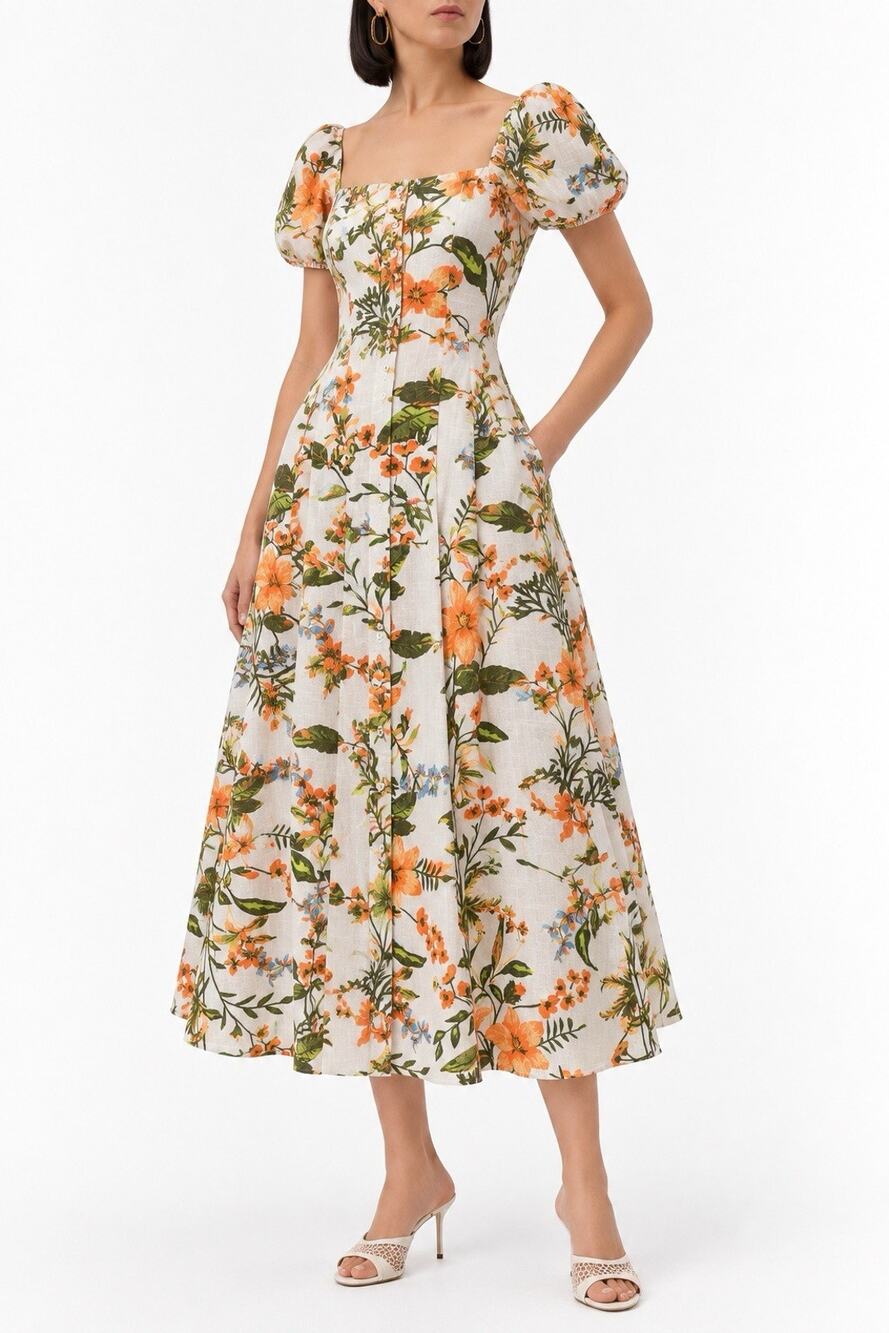 NWT LÉA Anthropologie Floral 100% Cotton Puff Sleeve Midi Dress Medium M